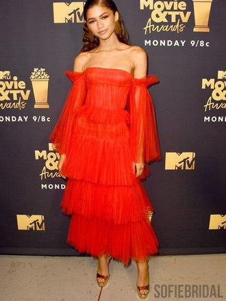 Off Shoulder Long Sleeves Gorgeous Tulle Prom Dresses, PD0959