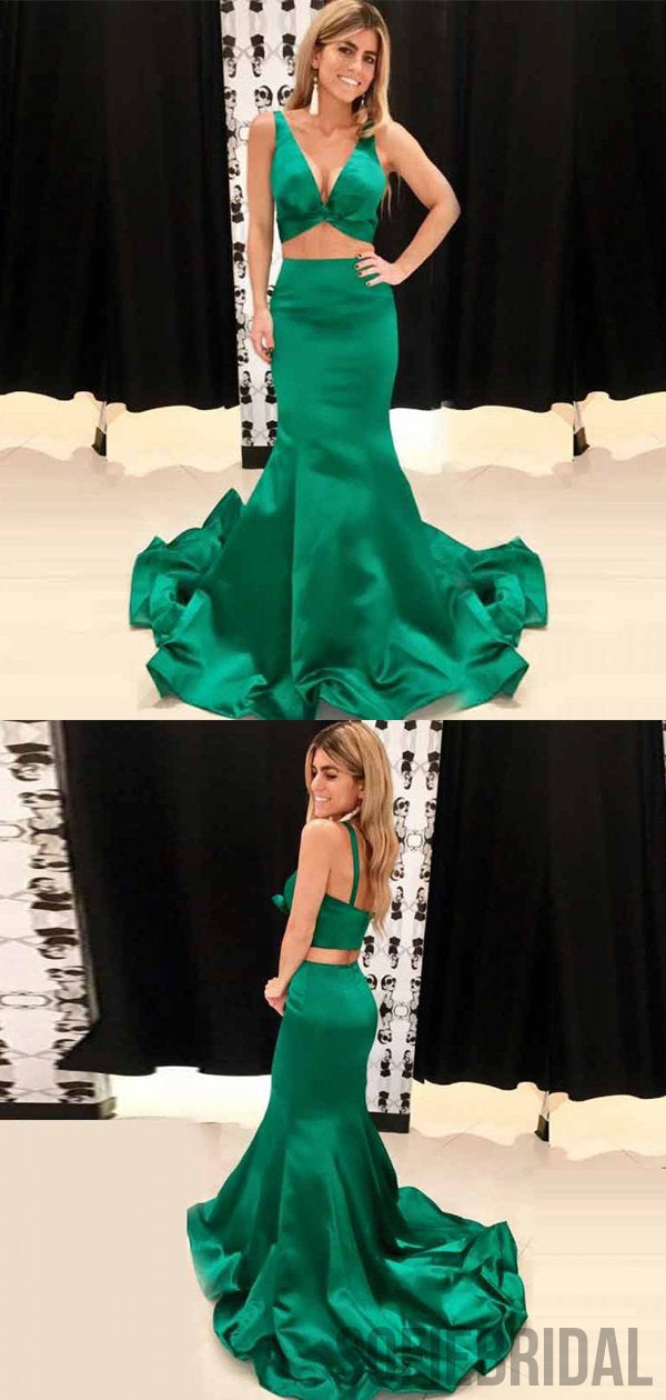 Emerald Green Satin Spaghetti Strap Mermaid Formal Wear - Xdressy