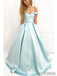 Off Shoulder Long A-line Pale Blue Satin Prom Dresses, PD0935
