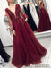 Long A-line Tulle Beaded Prom Dresses, Long Sleeves Prom Dresses, PD0884