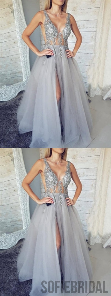 Silver Prom Dresses, Side Slit Prom Dresses, Long Prom Dresses, Cheap Prom Dresses, PD0679