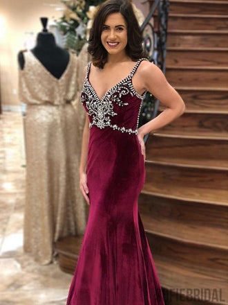 Sexy Mermaid Velvet Beaded Rhinestone Prom Dresses, PD0844