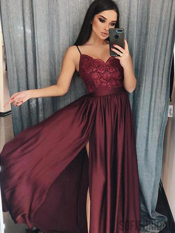 Spaghetti Long A-line Side Slit Maroon Lace Top Prom Dresses, PD0883