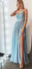 Spaghetti Light Blue Prom Dresses, Side Slit Prom Dresses, Chiffon Lace Prom Dresses, PD0716