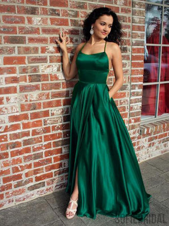 Green Satin Prom Dresses, Side Slit Prom Dresses, Cheap Prom Dresses, Long Prom Dresses, PD0662