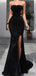 Strapless Long Mermaid Sexy Black Sequin Side Slit Prom Dresses, PD0876