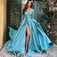 Elegant Satin V-Neck 3/4 Sleeves Side Slit A-Line Long Prom Dresses,SFPD0694