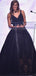 A-line V-neck Beading Top Black Ball Gown, Long Prom Dresses, PD0048