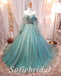Elegant Tulle  V-Neck Long Sleeves A-Line Long Prom Dresses, PD0852