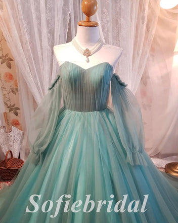 Elegant Tulle  V-Neck Long Sleeves A-Line Long Prom Dresses, PD0852