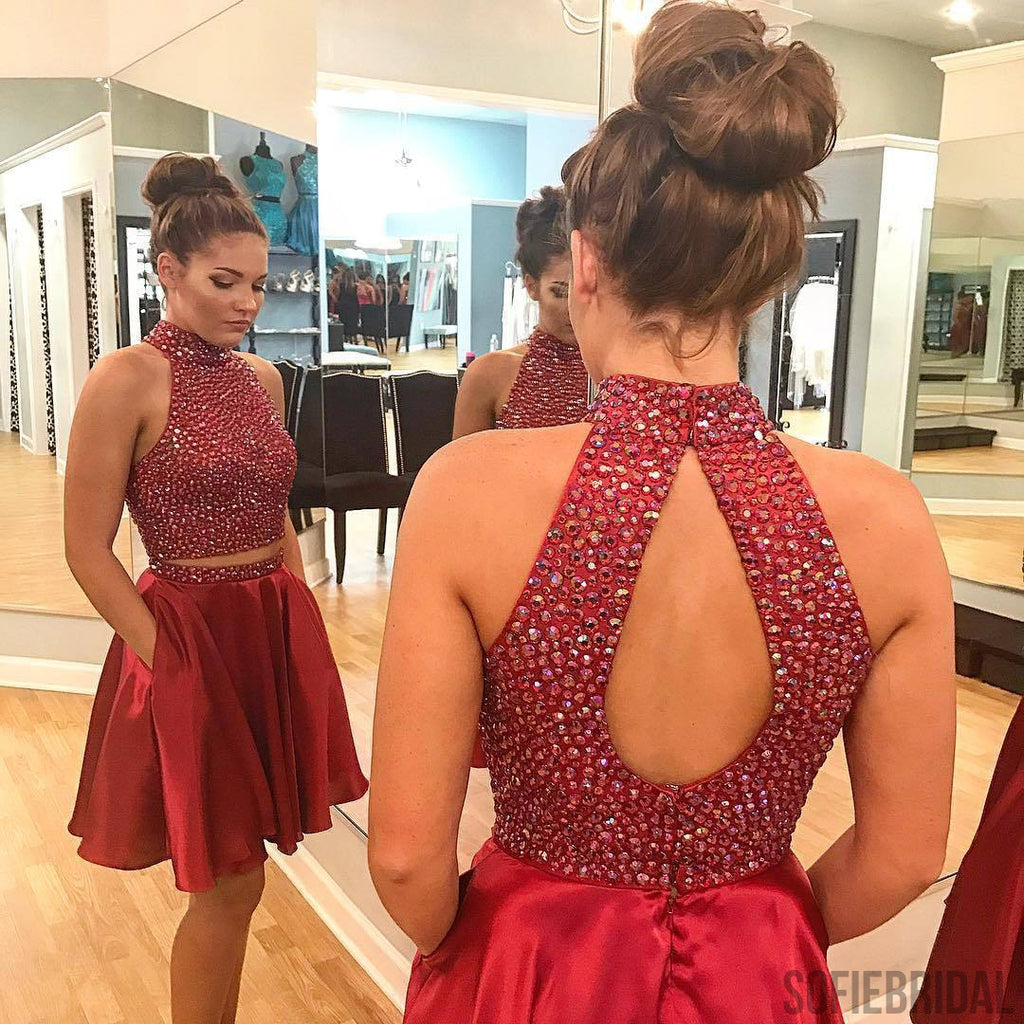 Sexy Two Piece Short Rhinestone Cute Red Homecoming Dresses 2018, CM484