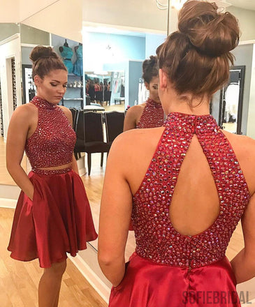 Sexy Two Piece Short Rhinestone Cute Red Homecoming Dresses 2018, CM484