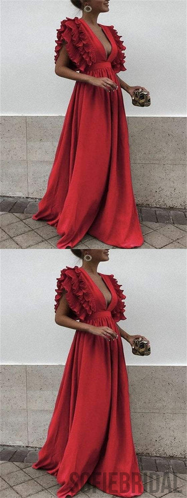 Deep V-neck Red Prom Dresses, A-line Prom Dresses, Cheap Prom Dresses, Prom Dresses, PD0649