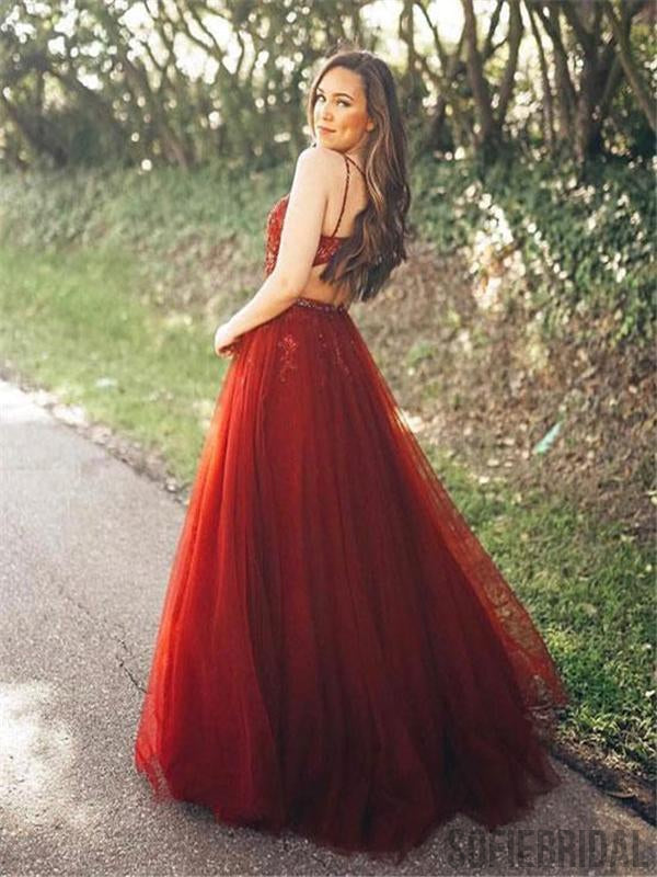 Spaghetti Red Lace Beaded Prom Dresses, Tulle Prom Dresses, Popular Prom Dresses, Prom Dresses, PD0593