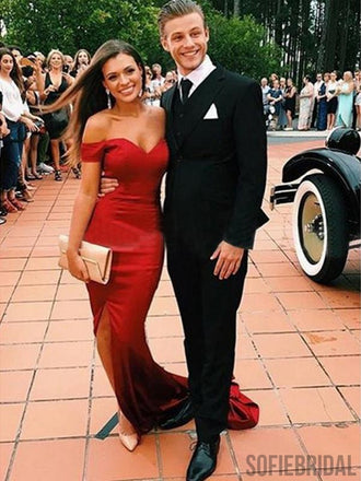 Off Shoulder Side Slit Red Soft Satin Long Prom Dresses, Mermaid Prom Dresses, PD0737
