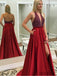 V-neck Red Satin Side Slit Long Beaded Prom Dresses, Halter Prom Dresses , PD0760