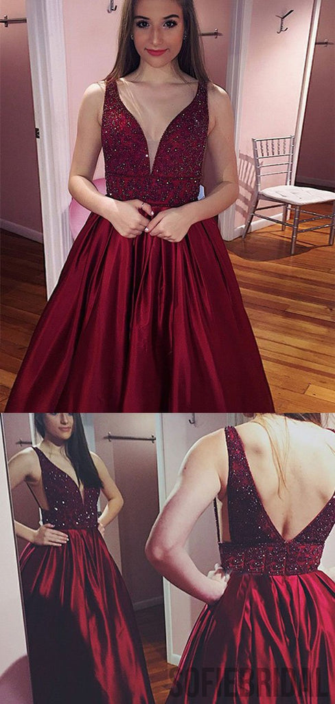 Red Beaded Satin Prom Dresses, Long A-line Prom Dresses, Cheap Prom Dresses, PD0711