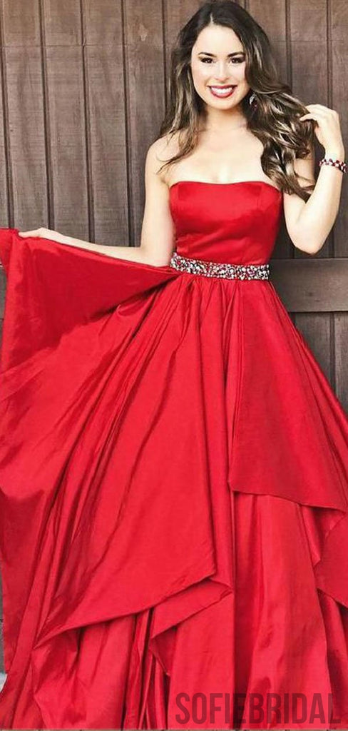 Strapless Red Satin Prom Dresses, Beaded Prom Dresses, Long Prom Dresses, PD0720