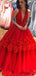 Deep V-neck Red Floral Long A-line Ball Gown, Prom Dresses, PD0963