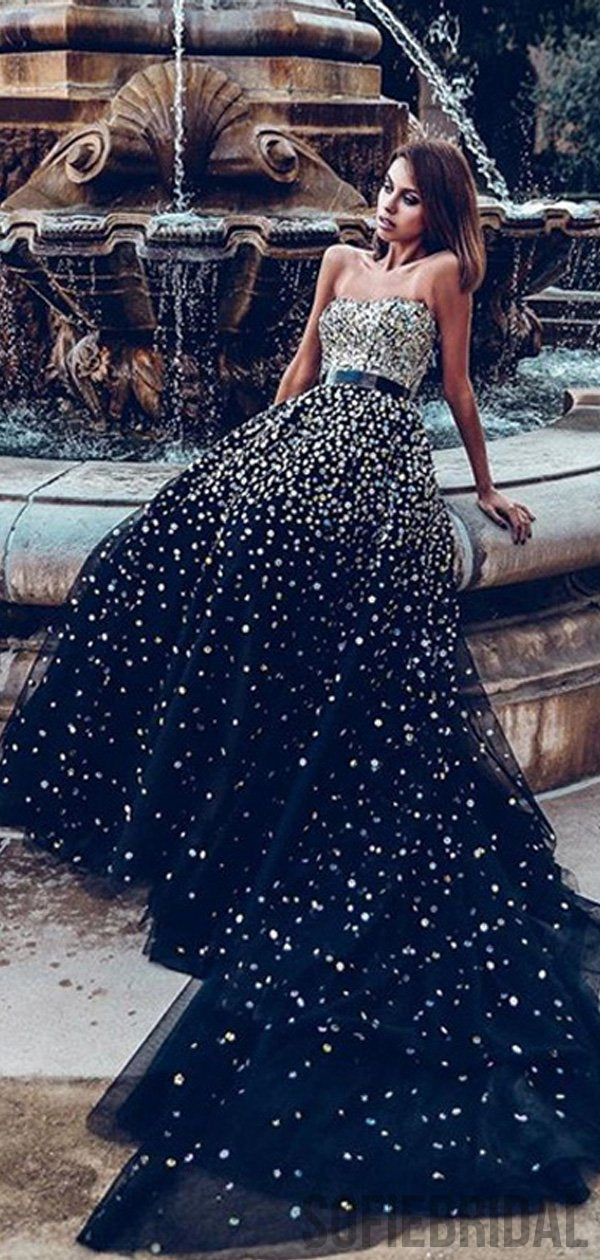 Sweetheart Long A-line Black Tulle Rhinestone Beaded Prom Dresses, PD0 SofieBridal Sweetheart Long A-line Black Tulle Rhinestone Beaded Prom Dresses, PD0 SofieBridal