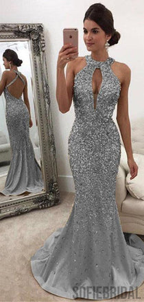 Silver Rhinestone Beaded Long Mermaid Prom Dresses, Simple Prom Dresses, PD0764