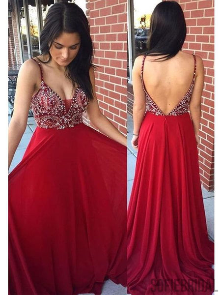 Red Chiffon Sweetheart A-line Sexy Slit Backless Prom Dresses, FC2331
