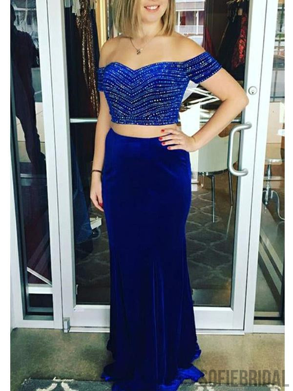 2 Pieces Royal Blue Beaded Off Shoulder Mermaid Prom Dresses, PD0836