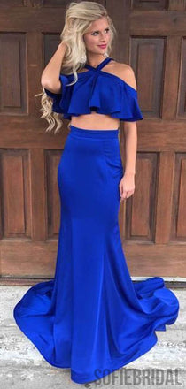 2 pieces Halter Long Mermaid Royal Blue Prom Dresses, PD0802