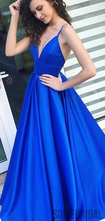 Spaghetti Long A-line Royal Blue Satin Prom Dresses, PD0892