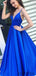 Spaghetti Long A-line Royal Blue Satin Prom Dresses, PD0892