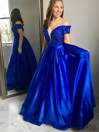 Off Shoulder Royal Blue Beaded Long A-line Prom Dresses, PD0841