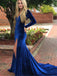 Long Sleeves V-neck Royal Blue Long Velvet Prom Dresses, Simple Prom Dresses, PD0753