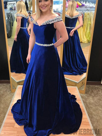 Off Shoulder Long A-line Rhinestone Beaded Velvet Prom Dresses, PD0896