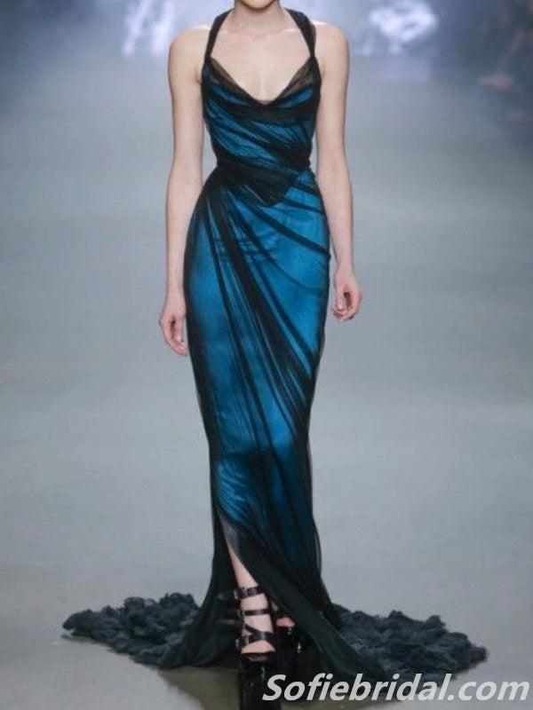 Black-Royal Blue Halter Strap Mermaid Long Prom Dress With Split,SFPD0 SofieBridal Black-Royal Blue Halter Strap Mermaid Long Prom Dress With Split,SFPD0 SofieBridal