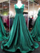 Emerald Green V-neck Long A-line Satin Prom Dresses, PD0799