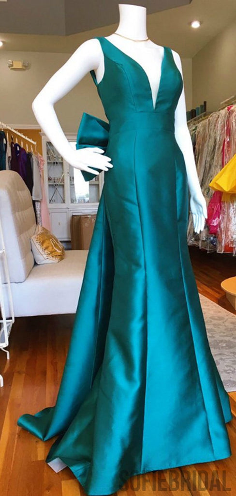 Turquoise V-neck Long Mermaid Prom Dresses With Bow Knot, Prom Dresses, PD0756