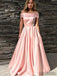Off Shoulder Long A-line Prom Dresses, Pink Satin Prom Dresses, PD0762