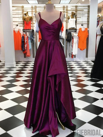 Long A-line Hi-low Plum Satin Prom Dresses, Formal Dresses, PD0886