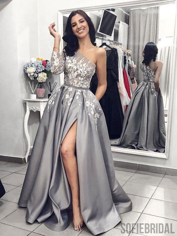 One Sleeve Long A-line Satin Lace Prom Dresses, Side Slit Prom Dresses, PD0818
