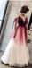 A-line Floor-length V-neck Long Tulle Lace Up Back Prom Dresses, PD0082