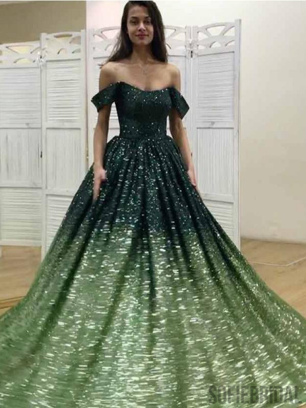 Off Shoulder Long A-line Gradient Emerald Sequin Prom Dresses, PD0859