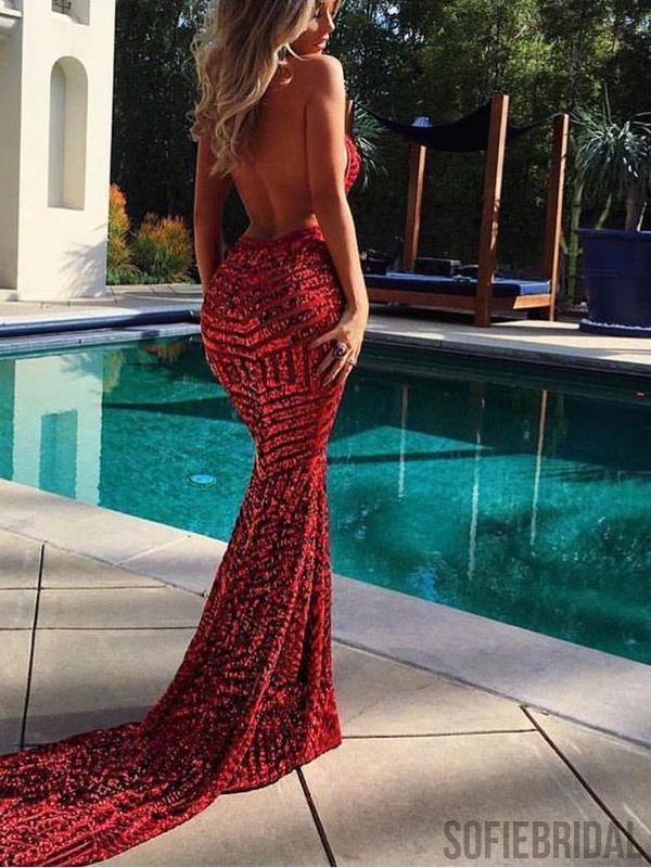 Deep V-neck Red Sequin Mermaid Prom Dresses, Long Cheap Prom Dresses, PD0710