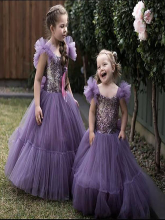 A-Line Round Neck Sequin Organza Chapel Trailing Flower Girl Dresses With Applique, FGS0030