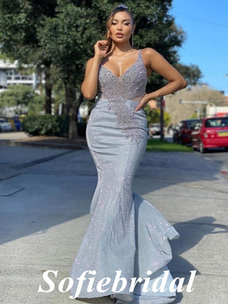 Sexy Spaghetti Straps V-Neck Sleeveless Mermaid Long Prom Dresses,PD0743