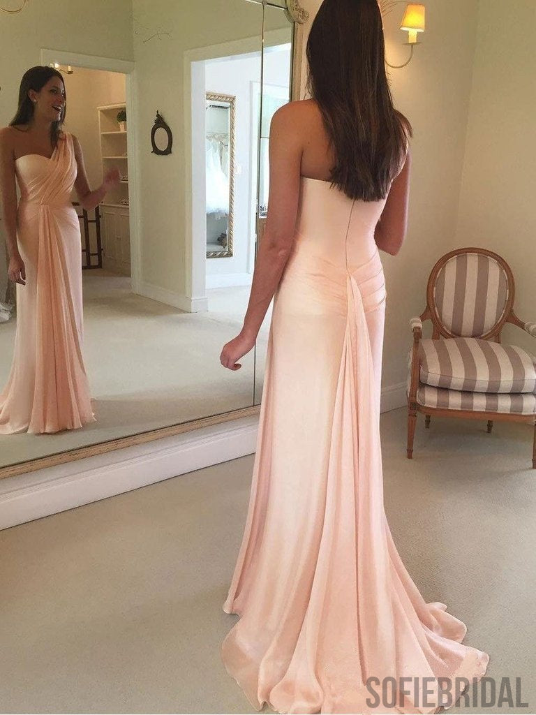 One-shoulder Sheath Simple Long Bridesmaid Dresses With Pleats