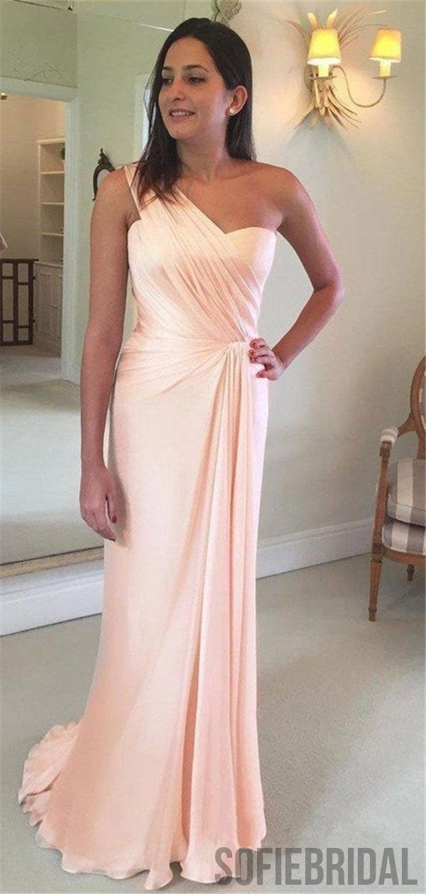 One-shoulder Sheath Simple Long Bridesmaid Dresses With Pleats, BD0572 SofieBridal One-shoulder Sheath Simple Long Bridesmaid Dresses With Pleats, BD0572 SofieBridal