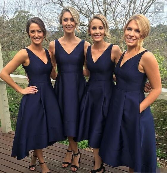 Short V-neck Satin A-line Navy Blue Bridesmaid Dresses for Wedding Party, WG84