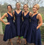 Short V-neck Satin A-line Navy Blue Bridesmaid Dresses for Wedding Party, WG84
