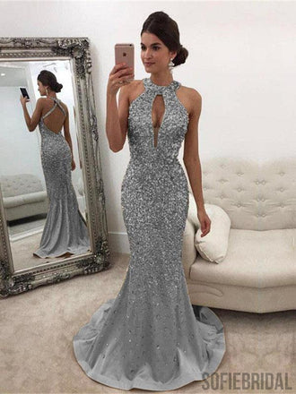 Silver Rhinestone Beaded Long Mermaid Prom Dresses, Simple Prom Dresses, PD0764