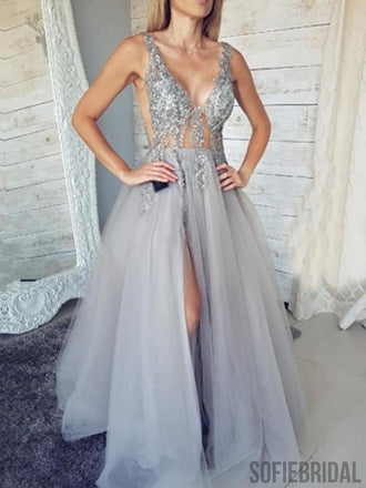 Silver Prom Dresses, Side Slit Prom Dresses, Long Prom Dresses, Cheap Prom Dresses, PD0679